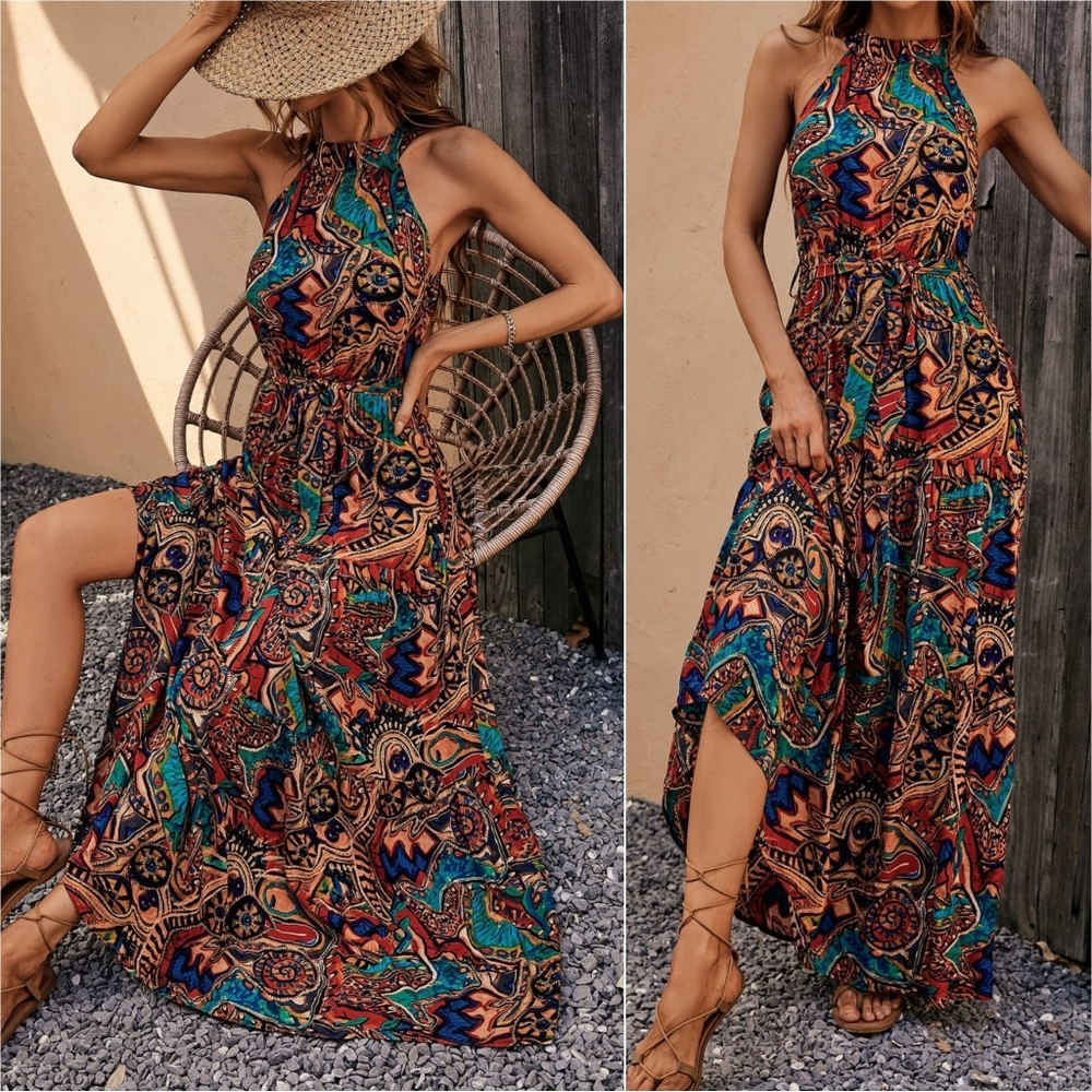 Garden Kiss Halter Maxi Dress - Chestnut